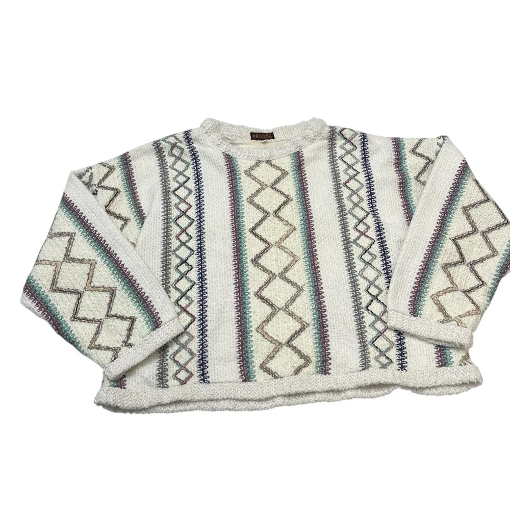 Vintage Bachrach Sweater White Geometric Pullover XL Oversized Cosby Grandpa